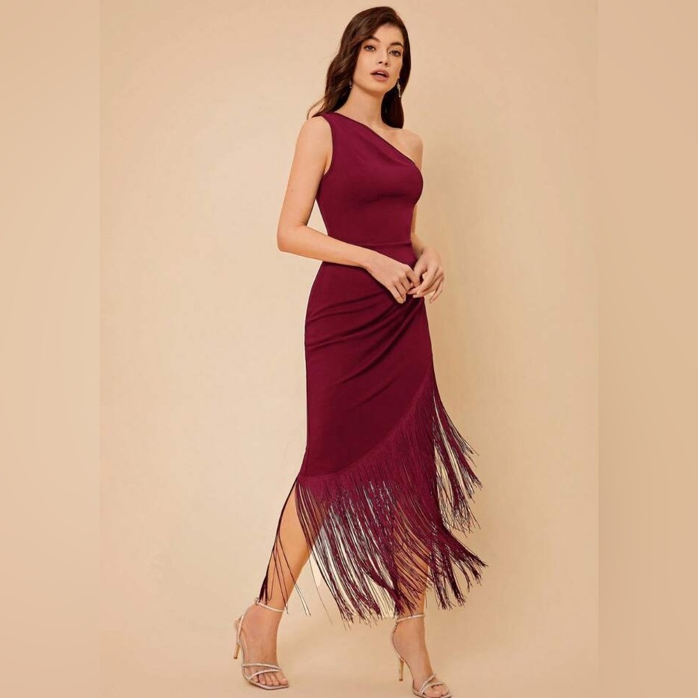 SHEIN Wine One-Shoulder Fringe Midi Dress - Picture 2 of 9